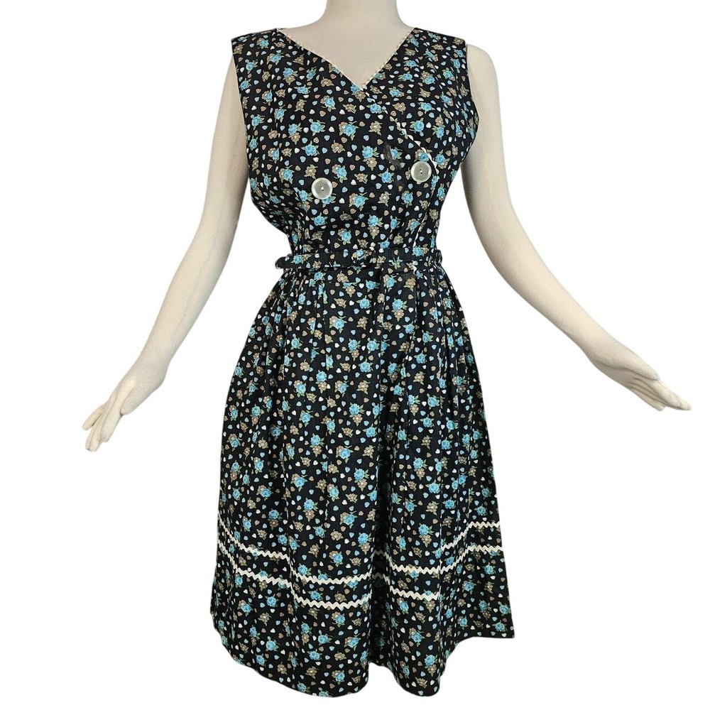 Vintage 1950s Black Floral Blue Dress As is Wounded Bird Sleeveless Rick Rack